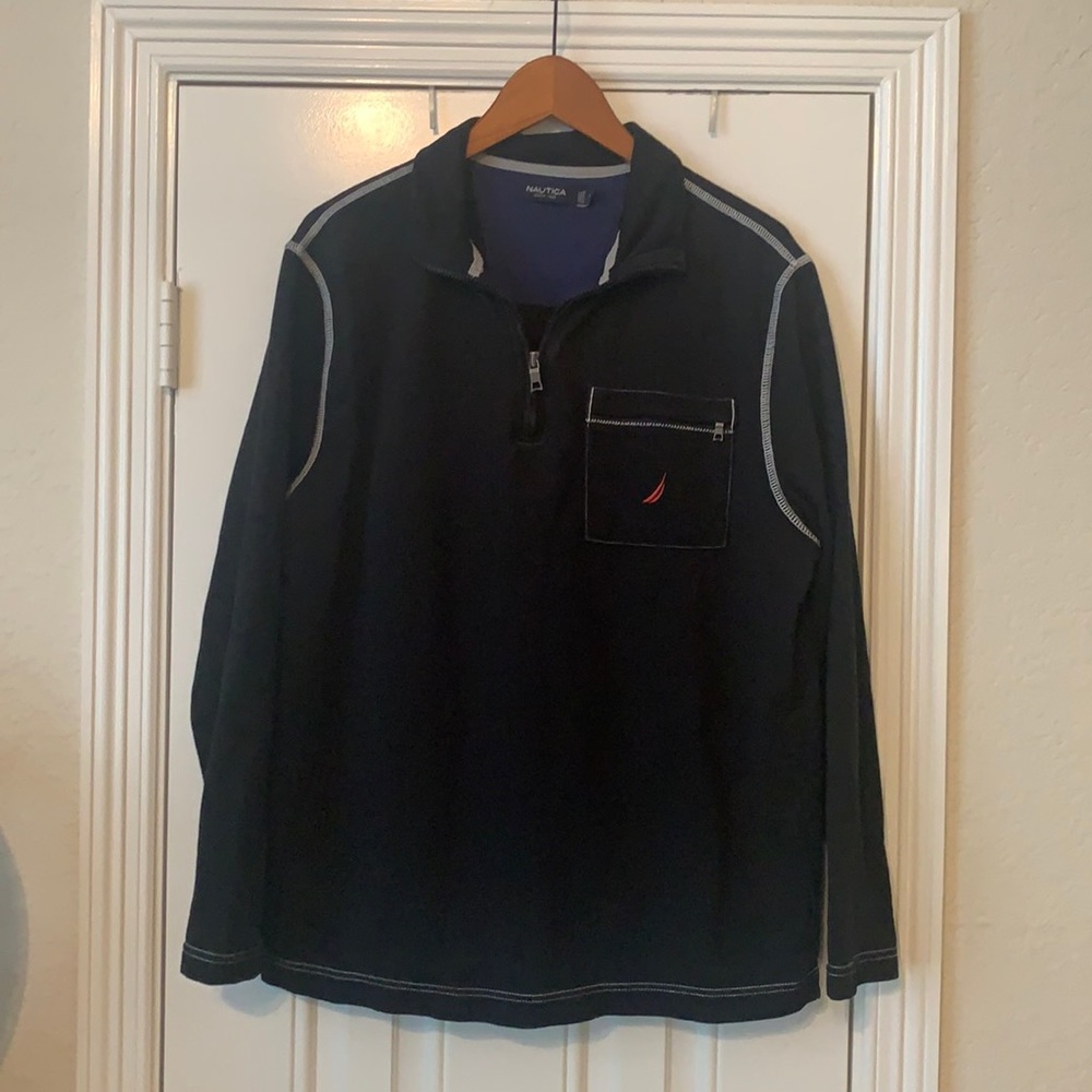 Nautica Black Long Sleeve Tee with Quarter-Zip Collar and Contrasting Stitching